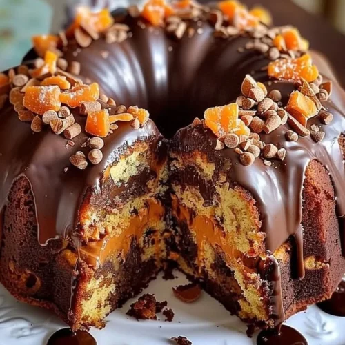 Delicious Easy Butterfinger Chocolate Bundt Cake with chocolate frosting
