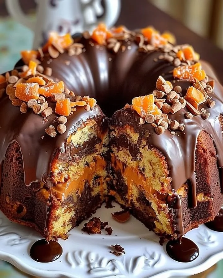 Delicious Easy Butterfinger Chocolate Bundt Cake with chocolate frosting