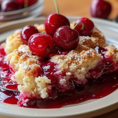 Delicious easy cherry cobbler dessert served in a dish