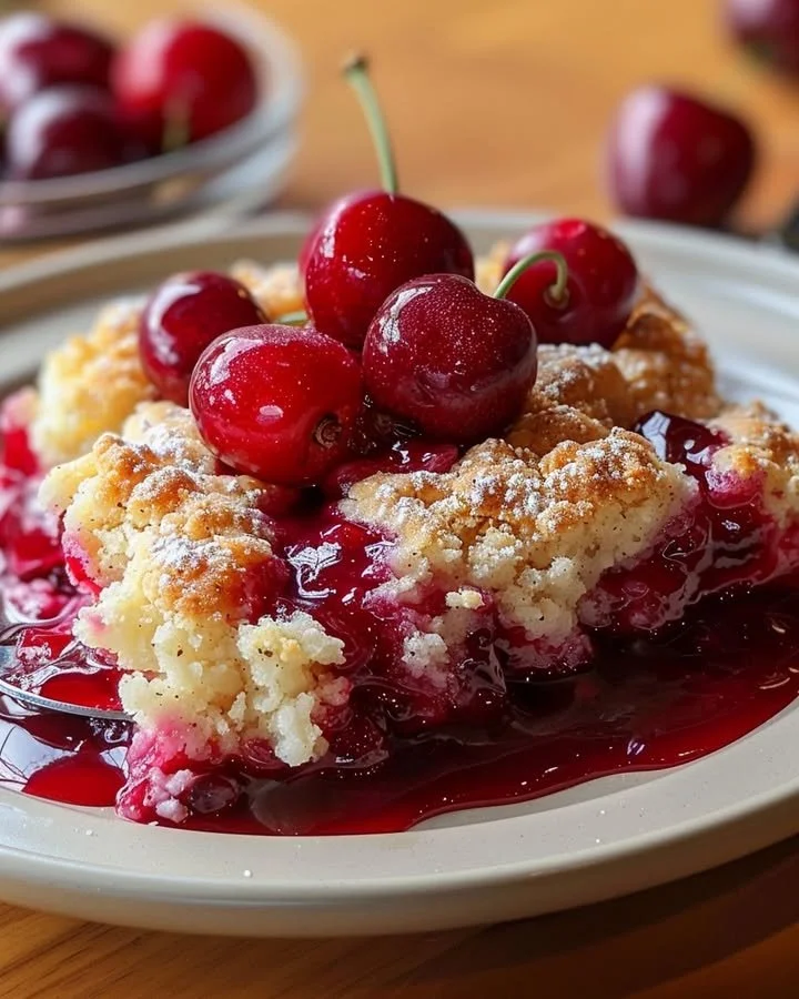 Delicious easy cherry cobbler dessert served in a dish