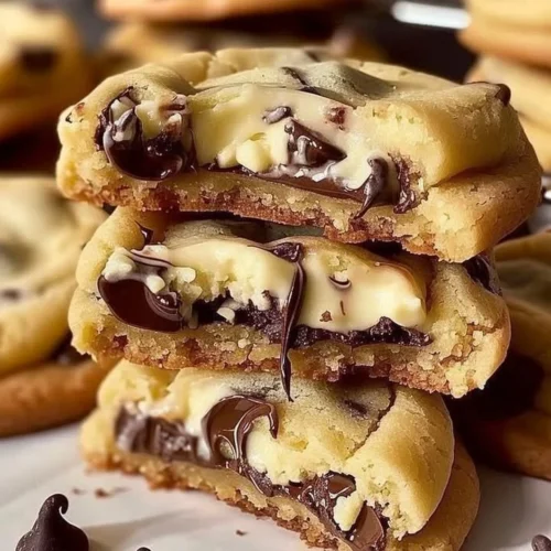 Easy chocolate chip cheesecake cookies with a creamy filling