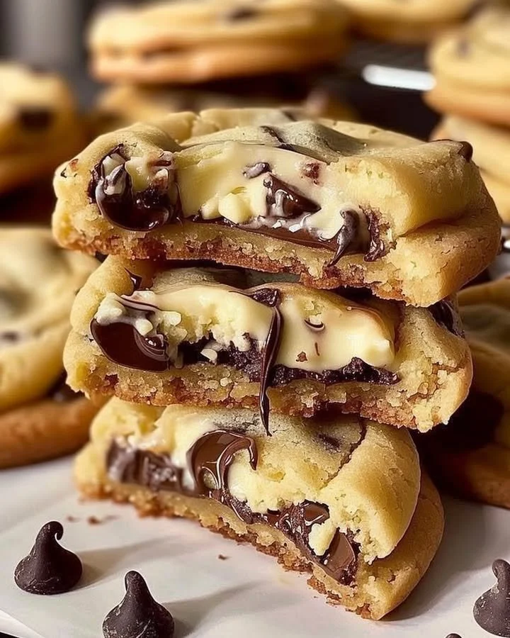 Easy chocolate chip cheesecake cookies with a creamy filling