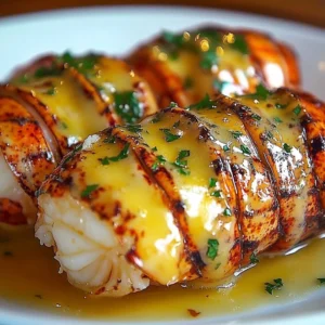 Creamy garlic lobster tails served on a plate with herbs and lemon.