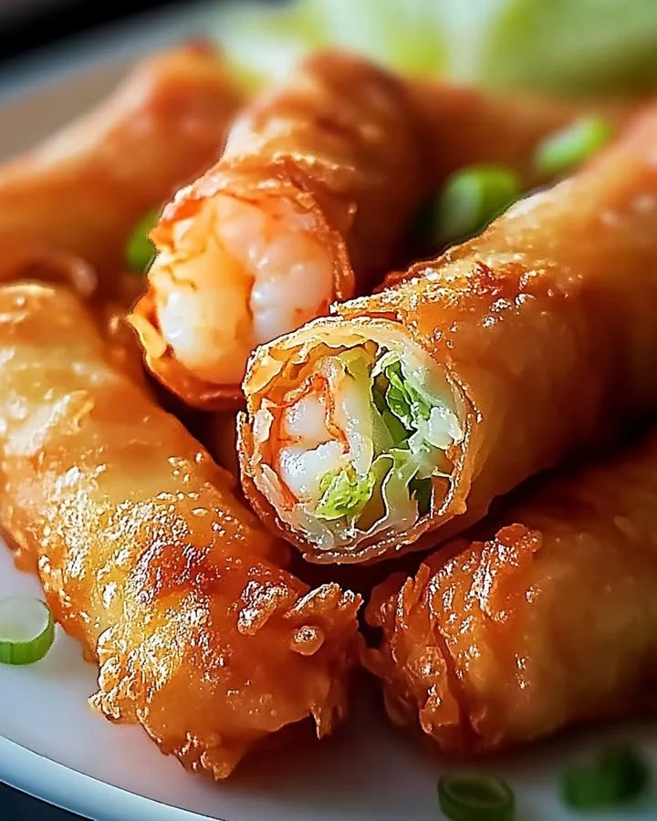 Crispy shrimp egg rolls with cabbage filling on a plate