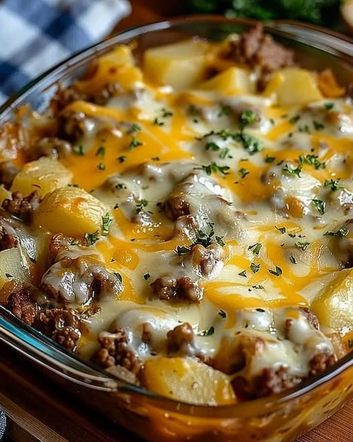 Delicious easy hamburger potato casserole topped with cheese and herbs