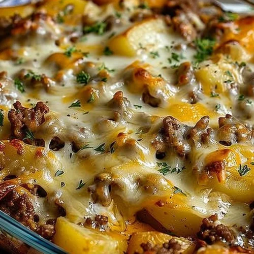Delicious easy hamburger potato casserole baked with cheese and potatoes