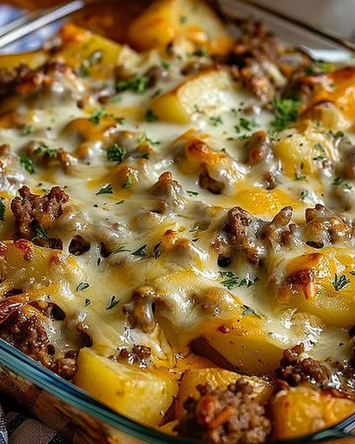 Delicious easy hamburger potato casserole baked with cheese and potatoes