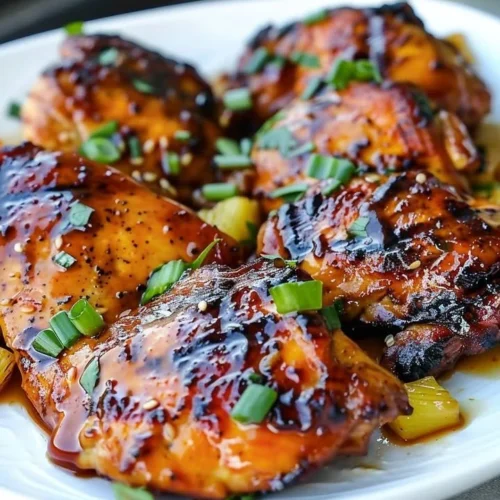 Delicious plate of easy Hawaiian Chicken garnished with pineapple and herbs