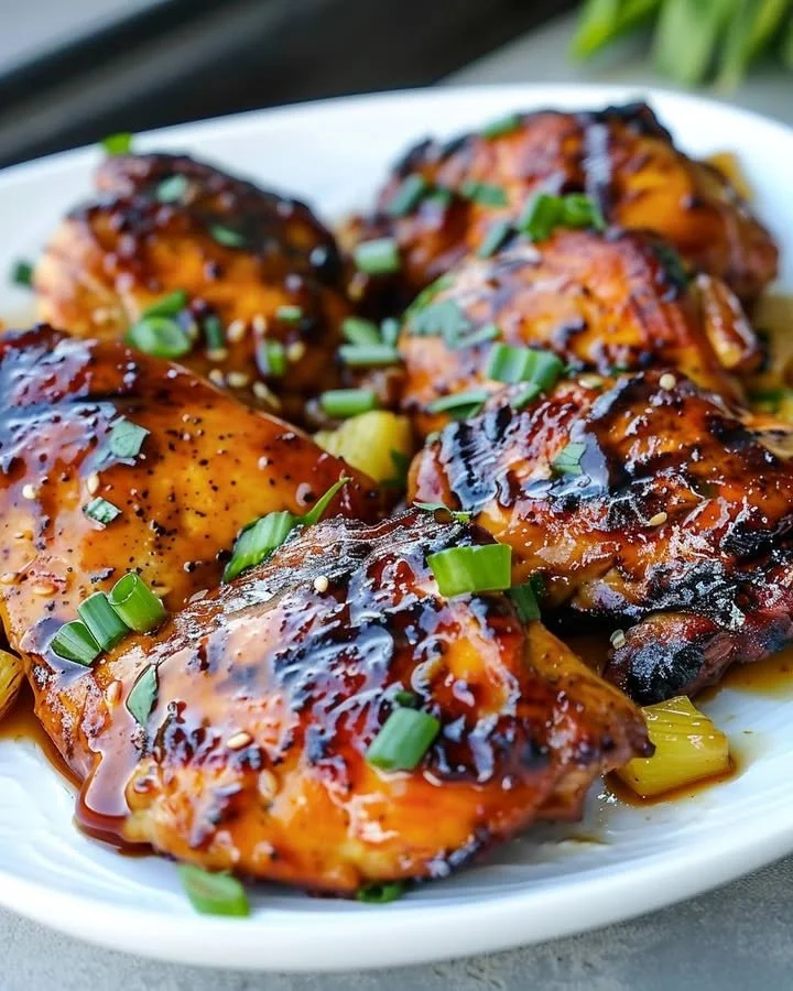 Delicious plate of easy Hawaiian Chicken garnished with pineapple and herbs