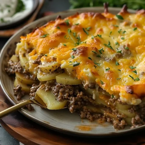 Delicious hobo casserole in a baking dish, featuring potatoes, meat, and vegetables.