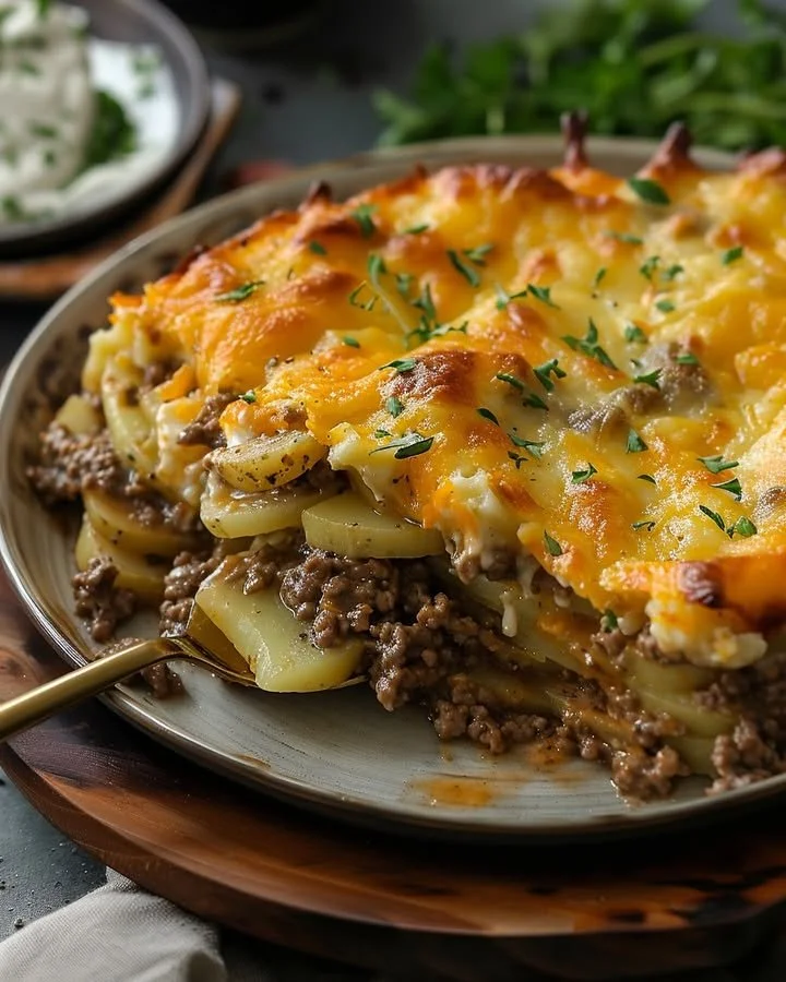 Delicious hobo casserole in a baking dish, featuring potatoes, meat, and vegetables.