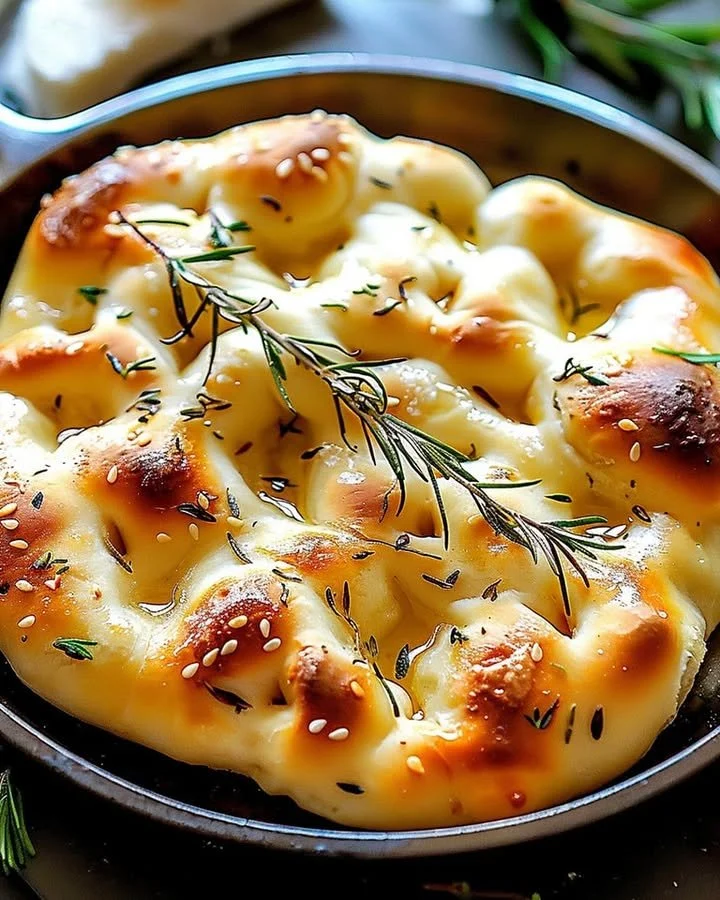 Delicious homemade focaccia bread fresh out of the oven, topped with herbs.