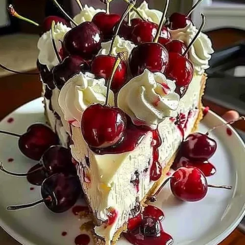 Elegant cherry cheesecake topped with fresh cherries and whipped cream