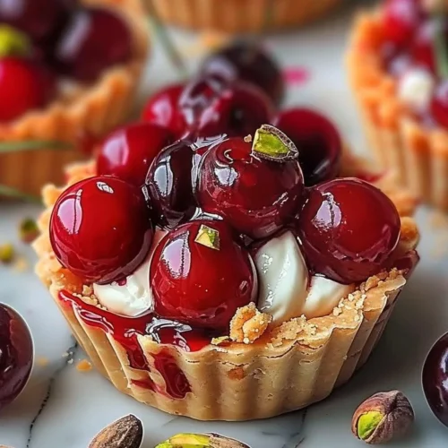 Elegant Cherry Pistachio Tartlets with fresh cherries and pistachios on a dessert plate.
