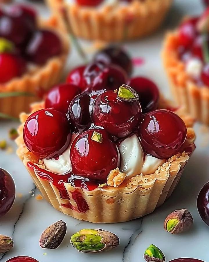 Elegant Cherry Pistachio Tartlets with fresh cherries and pistachios on a dessert plate.