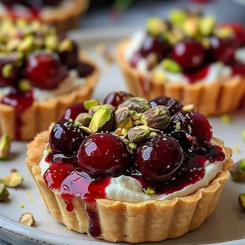 Elegant Cherry Pistachio Tartlets with cherry topping and pistachio crust
