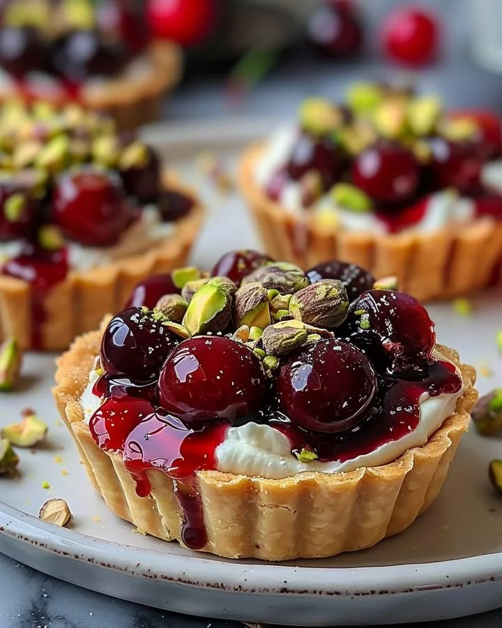 Elegant Cherry Pistachio Tartlets with cherry topping and pistachio crust