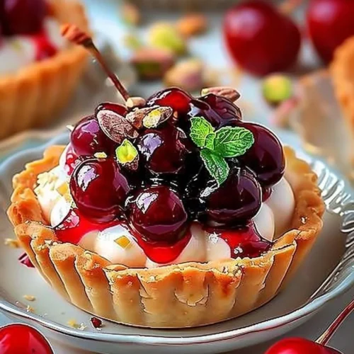 Elegant Cherry Pistachio Tartlets with cherry topping and pistachio crust.