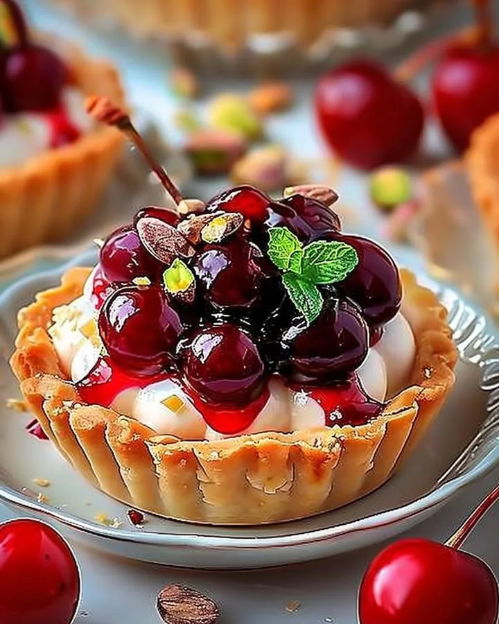 Elegant Cherry Pistachio Tartlets with cherry topping and pistachio crust.