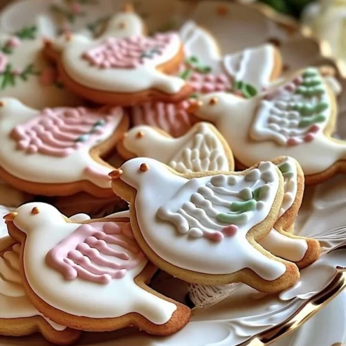 Elegant dove sugar cookies decorated with royal icing on a decorative platter.
