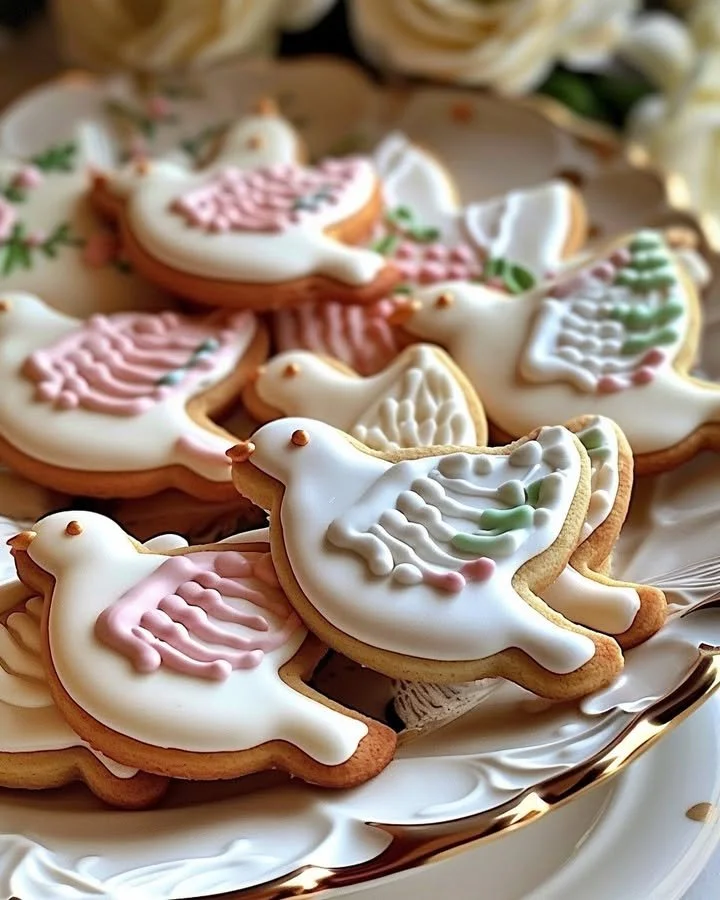 Elegant dove sugar cookies decorated with royal icing on a decorative platter.