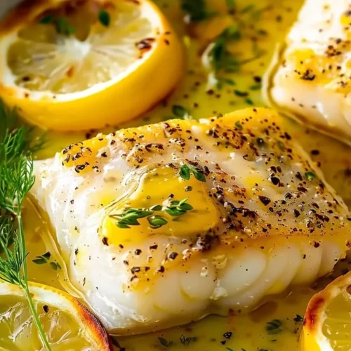 Lemon-butter baked cod elegantly plated with herbs and lemon slices.