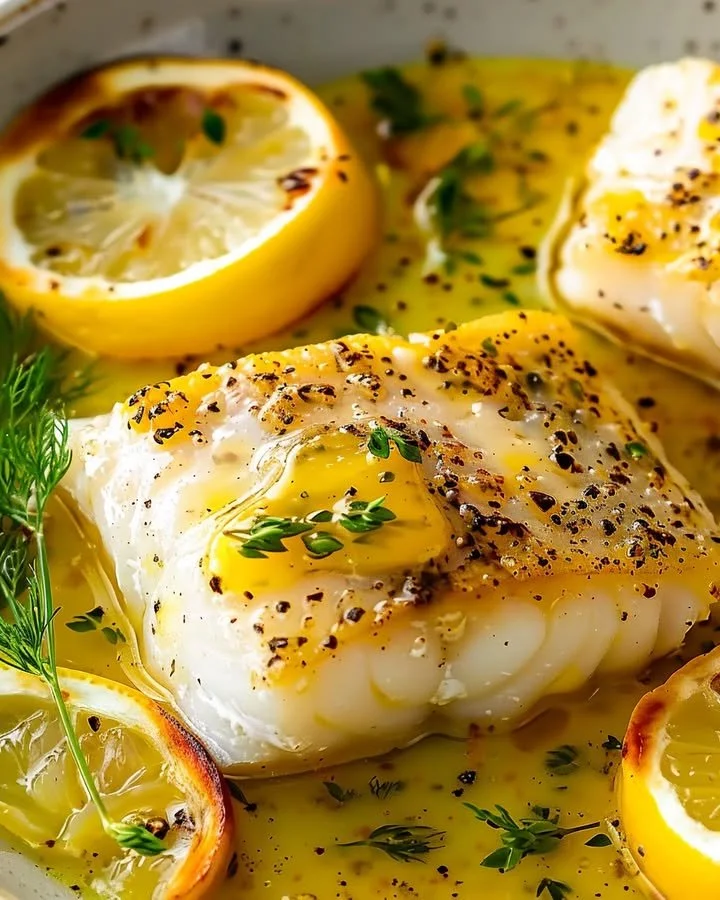Lemon-butter baked cod elegantly plated with herbs and lemon slices.