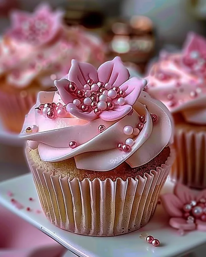 Elegant pink buttercream cupcakes topped with delicate decorations