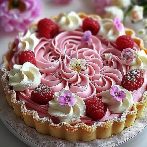 Elegant pink flower tart decorated with edible blossoms and fresh fruit