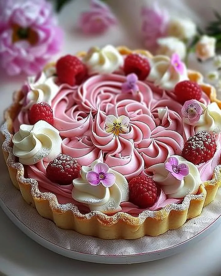 Elegant pink flower tart decorated with edible blossoms and fresh fruit