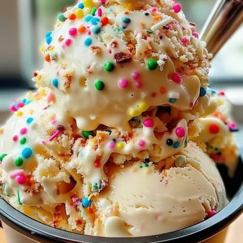 Festive birthday cake ice cream topped with sprinkles and cake crumbles