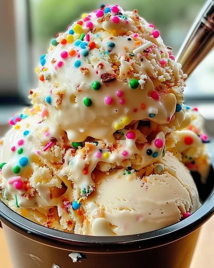 Festive birthday cake ice cream topped with sprinkles and cake crumbles