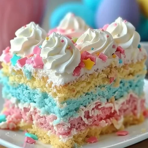 Festive Easter Bunny Poke Cake decorated with creamy frosting and colorful sprinkles.