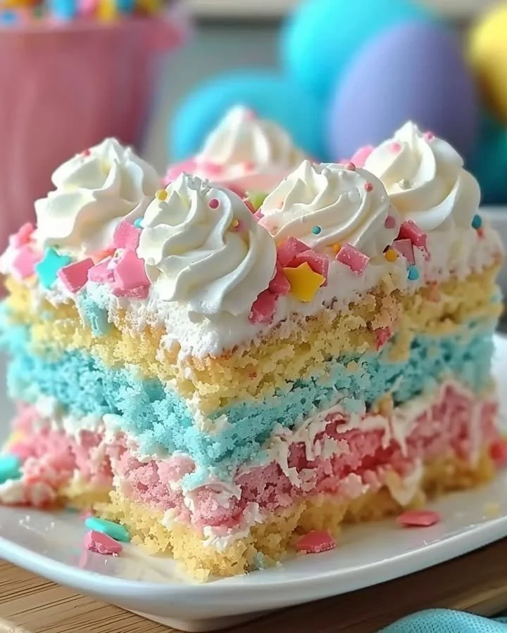 Festive Easter Bunny Poke Cake decorated with creamy frosting and colorful sprinkles.