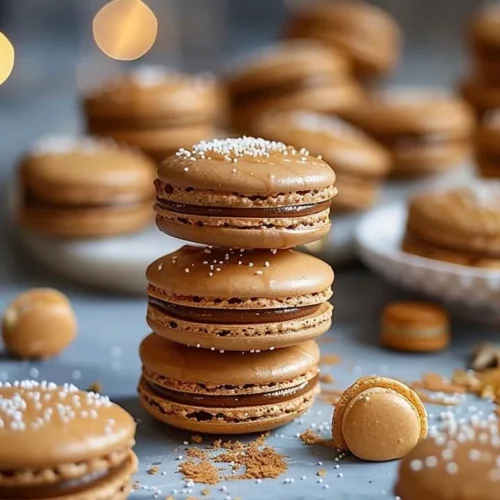 Festive gingerbread macarons topped with spiced caramel drizzle.