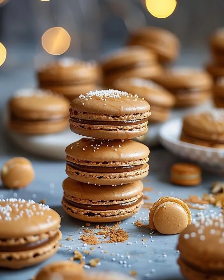 Festive gingerbread macarons topped with spiced caramel drizzle.