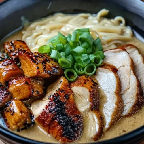 Spicy chicken ramen served in creamy garlic sauce, garnished with green onions.