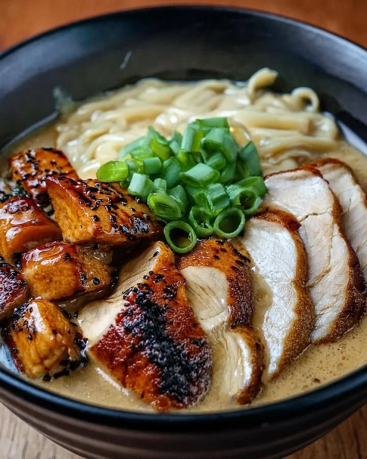 Bowl of fiery chicken ramen topped with creamy garlic sauce