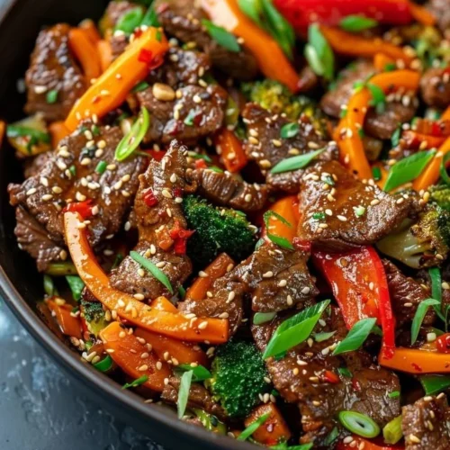 Delicious beef stir fry with vibrant vegetables on a plate