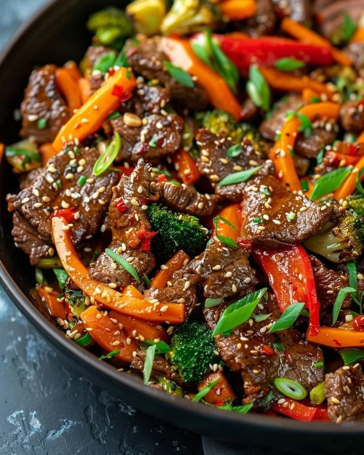 Delicious beef stir fry with vibrant vegetables on a plate