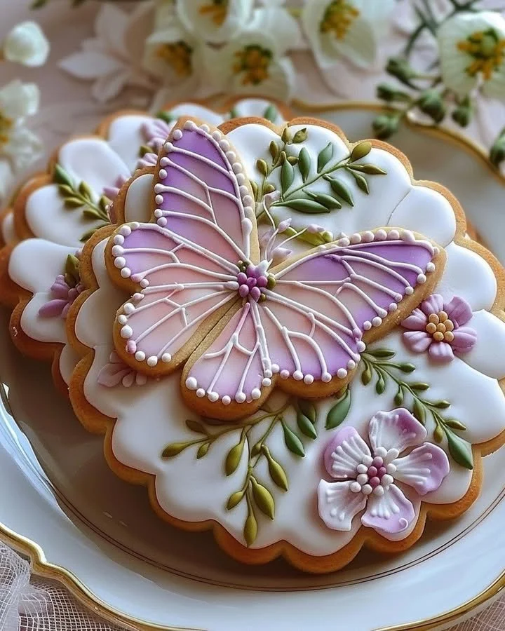 Decorative floral butter cookies adorned with royal icing designs