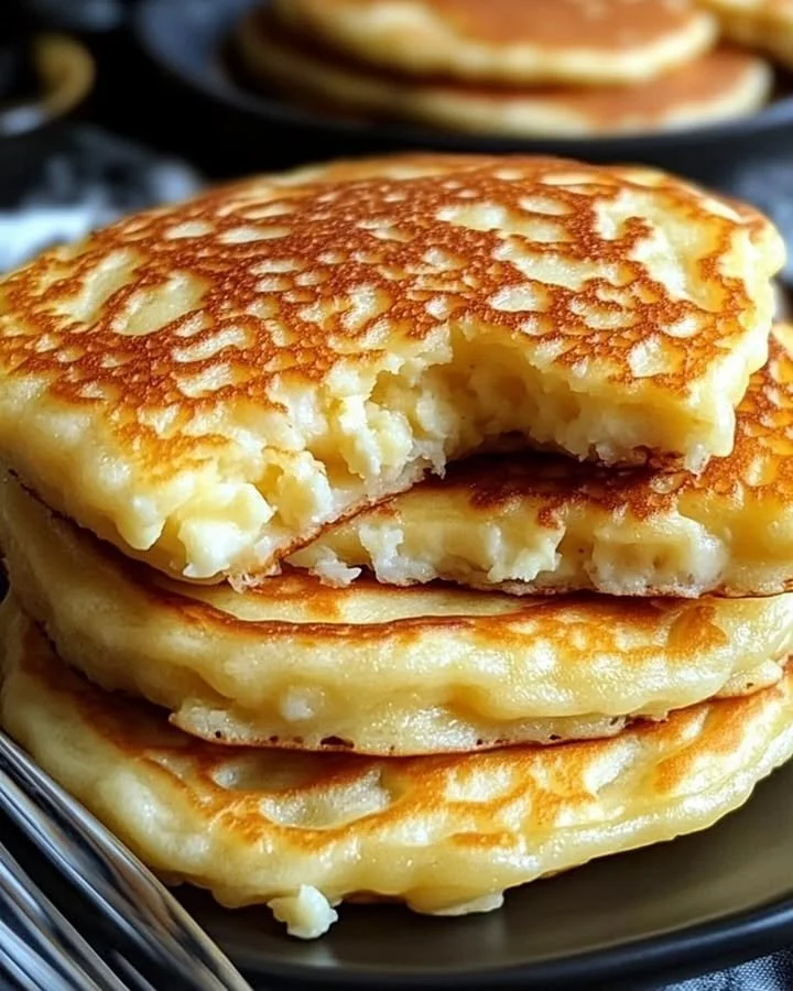 Delicious flourless cottage cheese pancakes served with fruits and syrup