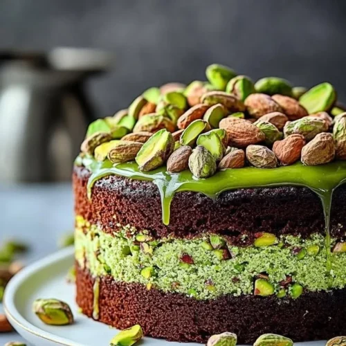 Flourless pistachio cake topped with crushed pistachios and served on a plate