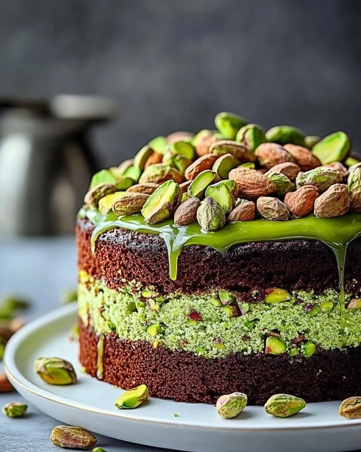 Flourless pistachio cake topped with crushed pistachios and served on a plate