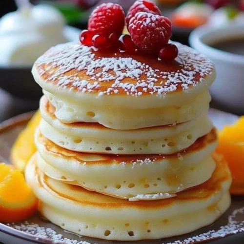 Fluffy Japanese soufflé pancakes served on a plate with syrup and berries.