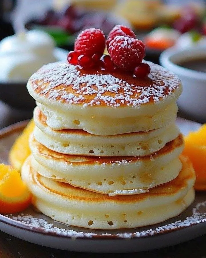 Fluffy Japanese soufflé pancakes served on a plate with syrup and berries.