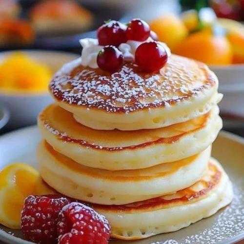 Delicious fluffy Japanese soufflé pancakes stacked on a plate
