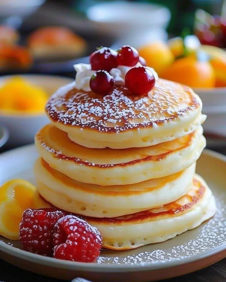 Delicious fluffy Japanese soufflé pancakes stacked on a plate