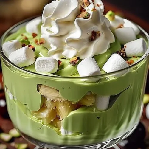 Fluffy pistachio pudding dessert topped with pineapple pieces.