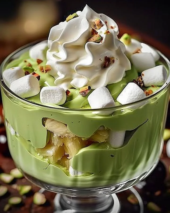 Fluffy pistachio pudding dessert topped with pineapple pieces.